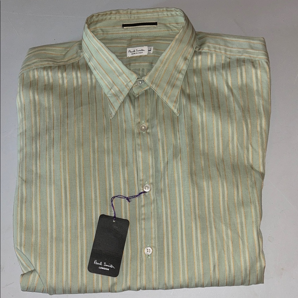 Paul Smith Men's Mint and Beige Striped Dress Shirt